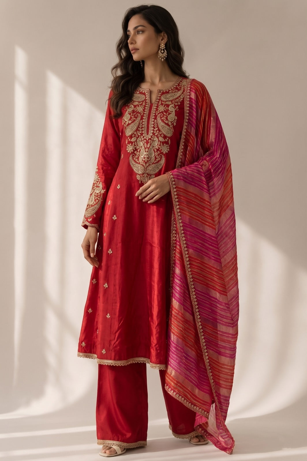 Royal Red Embellished Crepe Silk Palazzo Set