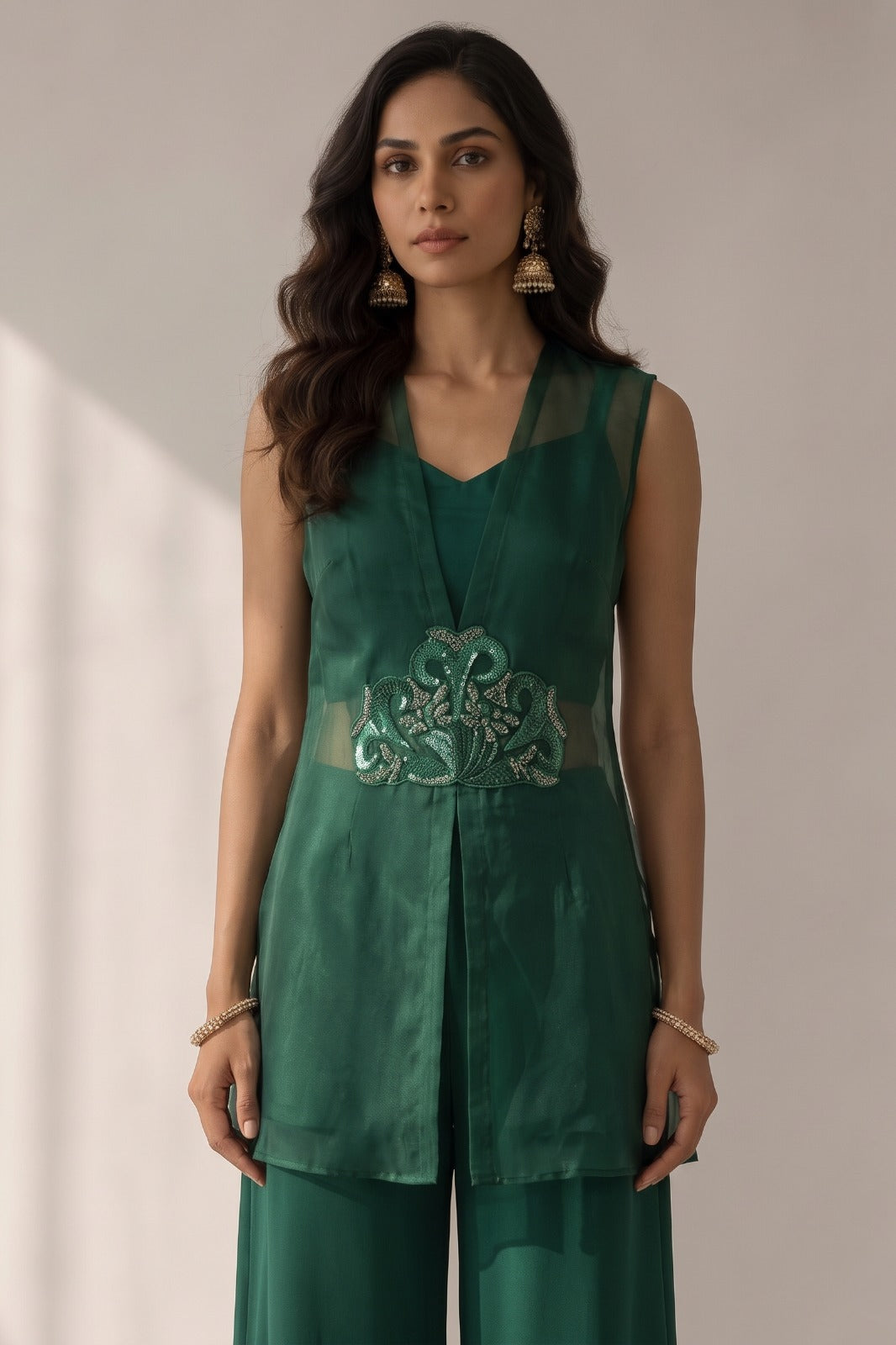 Deep Green Embellished Organza Silk Palazzo Set