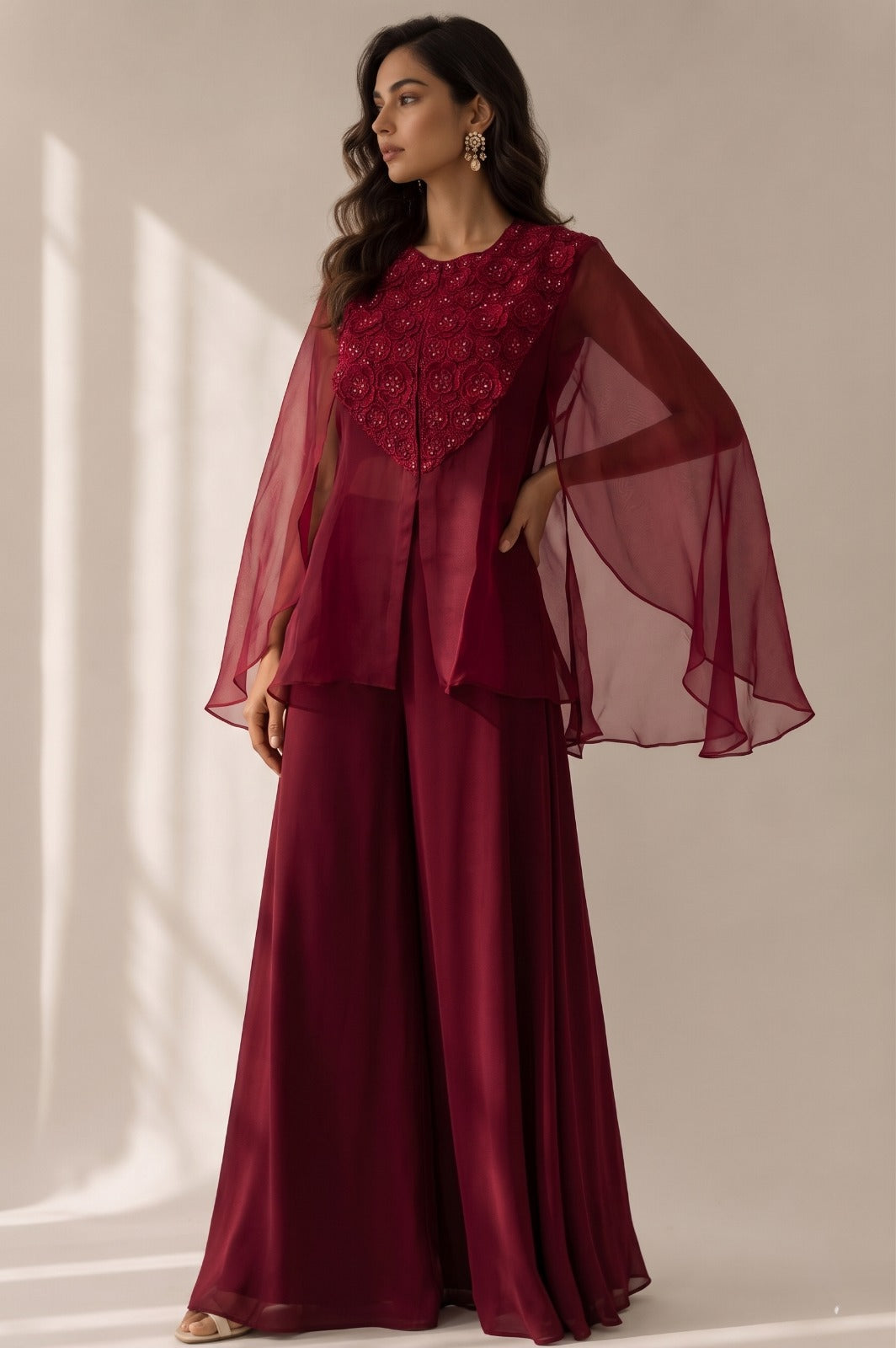 Deep Maroon Embellished Organza Silk Kaftan Set
