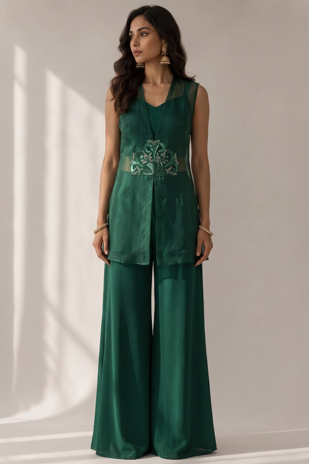 Deep Green Embellished Organza Silk Palazzo Set