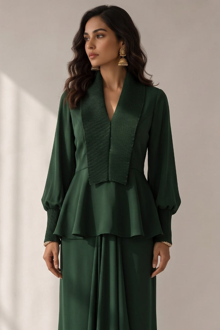 Dark Green Satin Silk Skirt Set