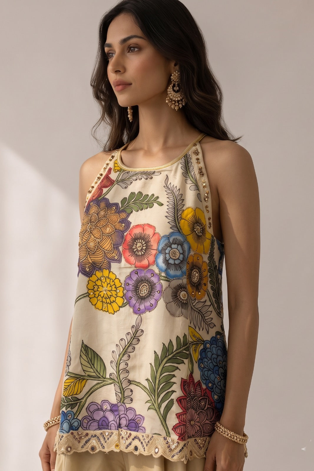 Floral Beige Embellished Bangalore Silk Palazzo Set
