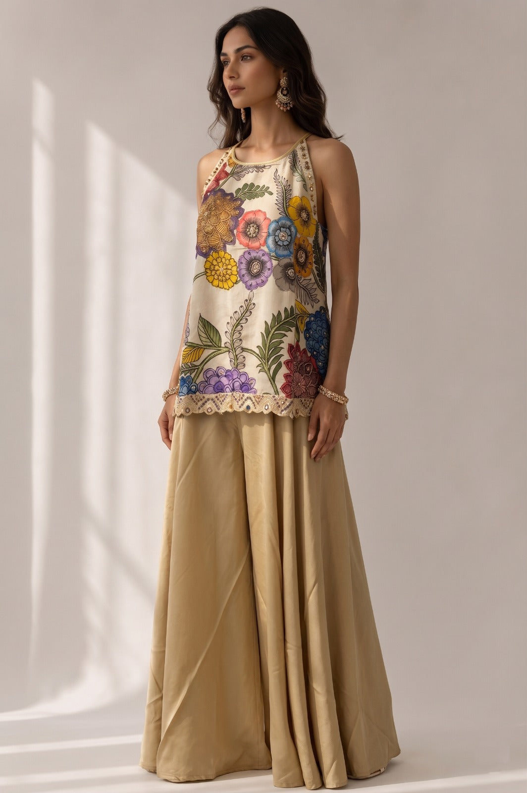 Floral Beige Embellished Bangalore Silk Palazzo Set