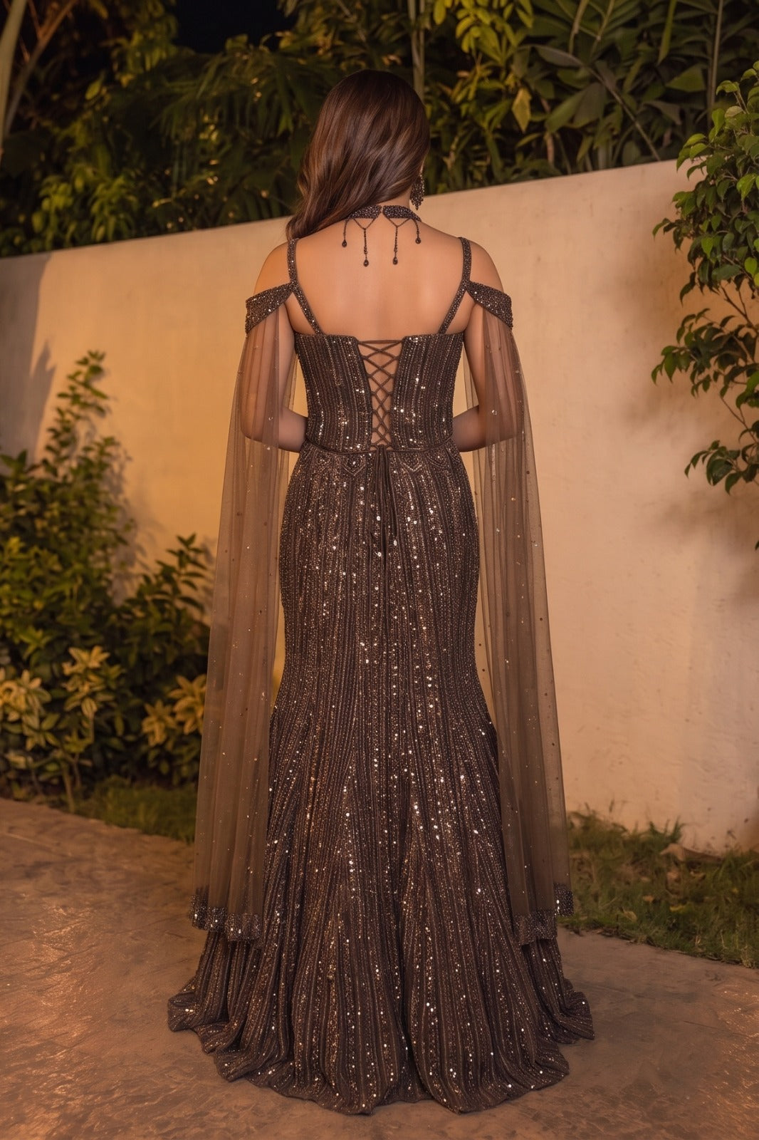 Brown Clay Embellished Premium Net Lehenga Set