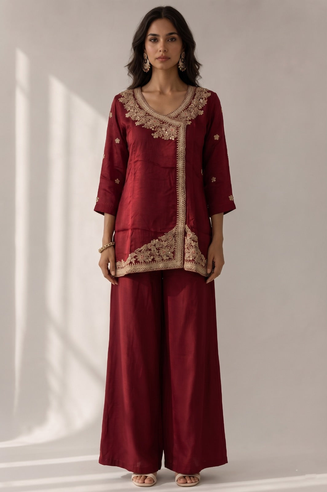 Deep Maroon Embellished Crepe Satin Silk Palazzo Set