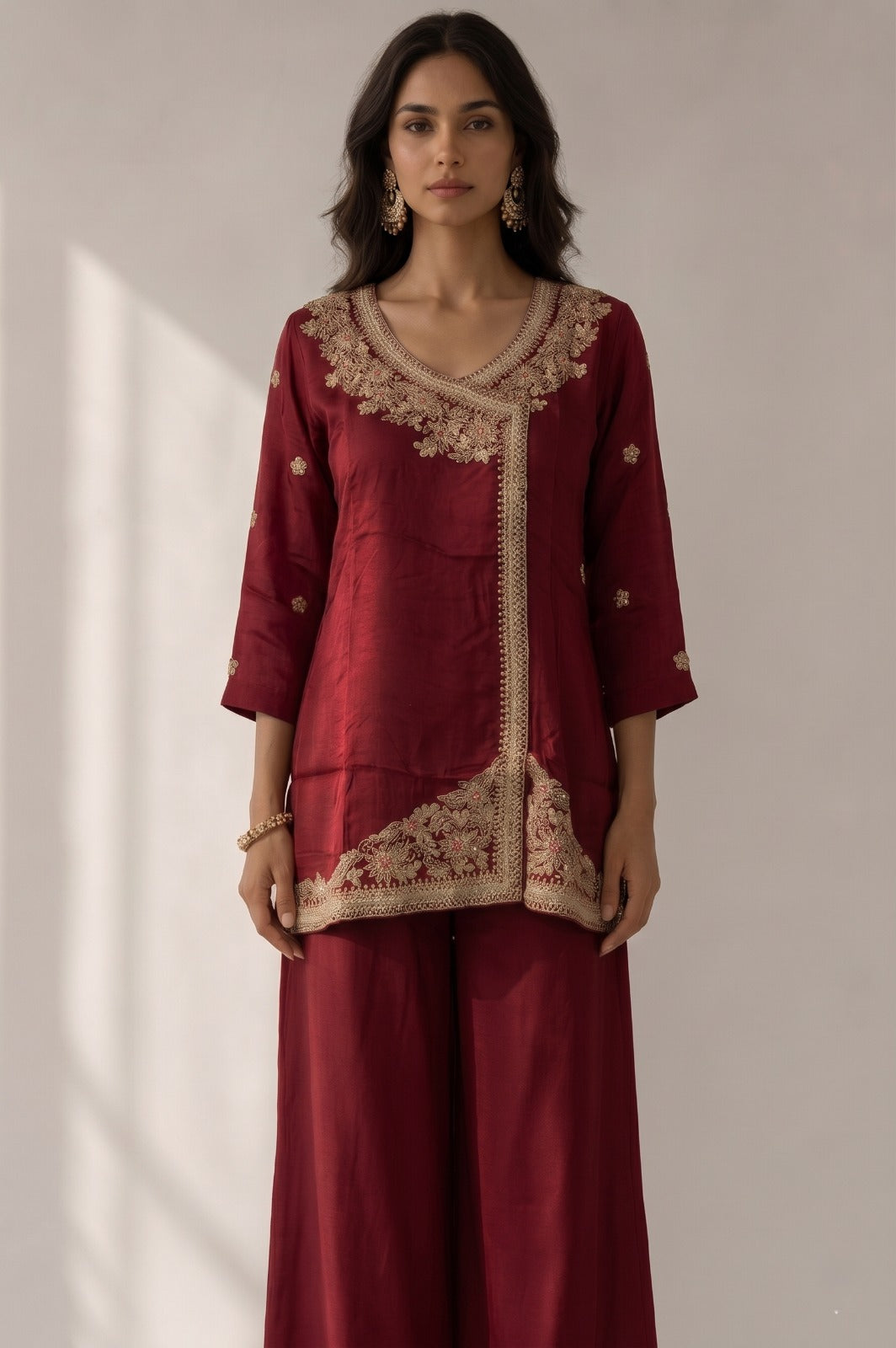 Deep Maroon Embellished Crepe Satin Silk Palazzo Set