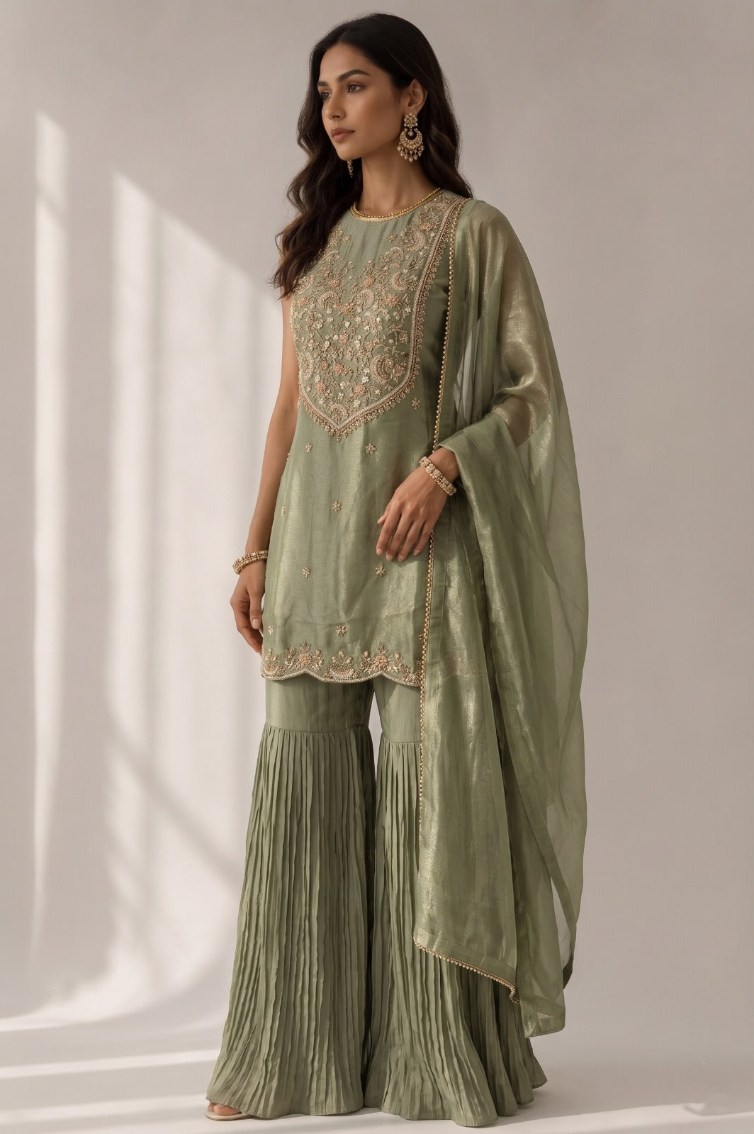 Sage Green Embellished Tissue Silk Sharara Set