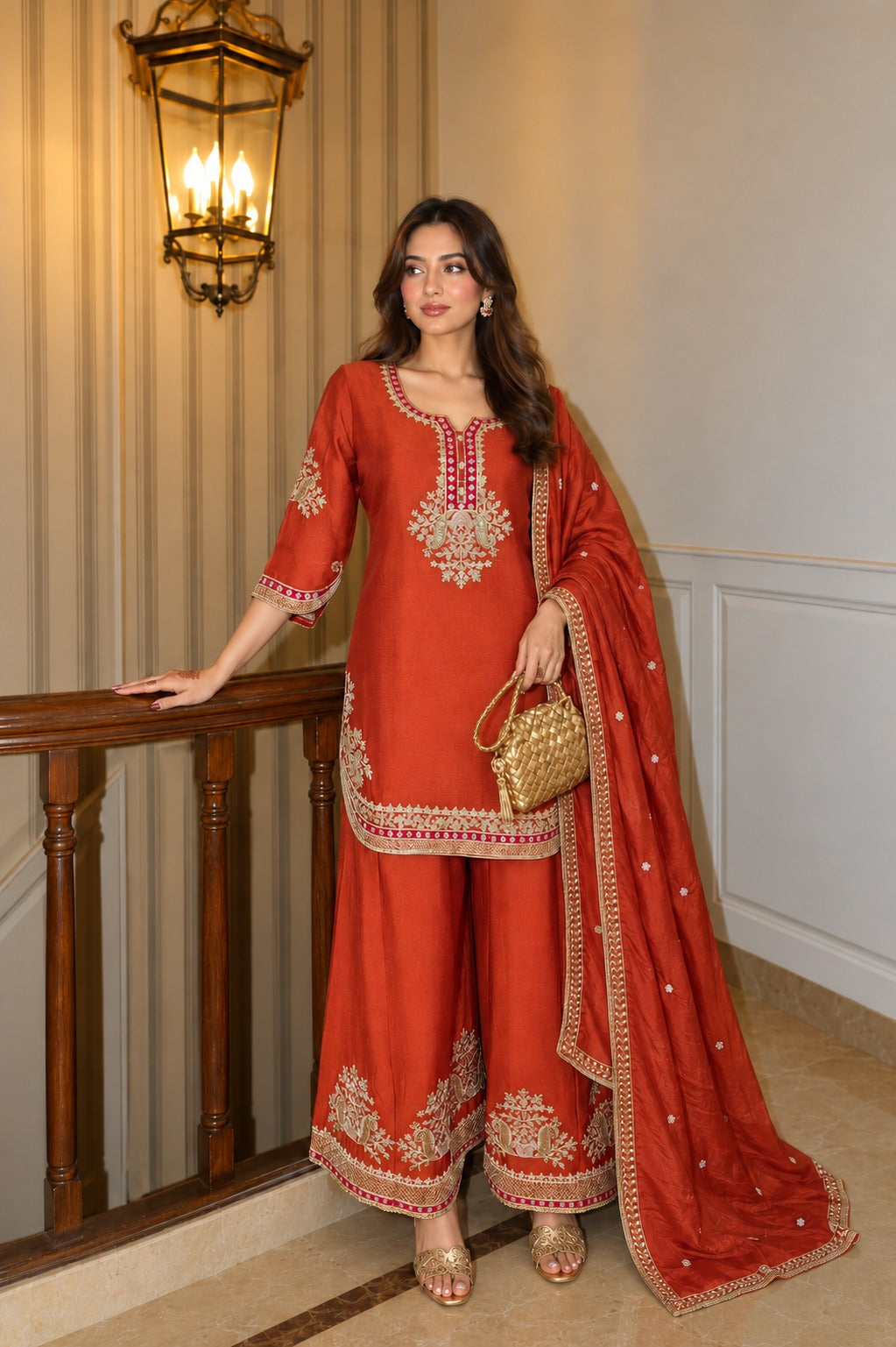 Burnt Rust Embellished Chinon Silk Palazzo Set