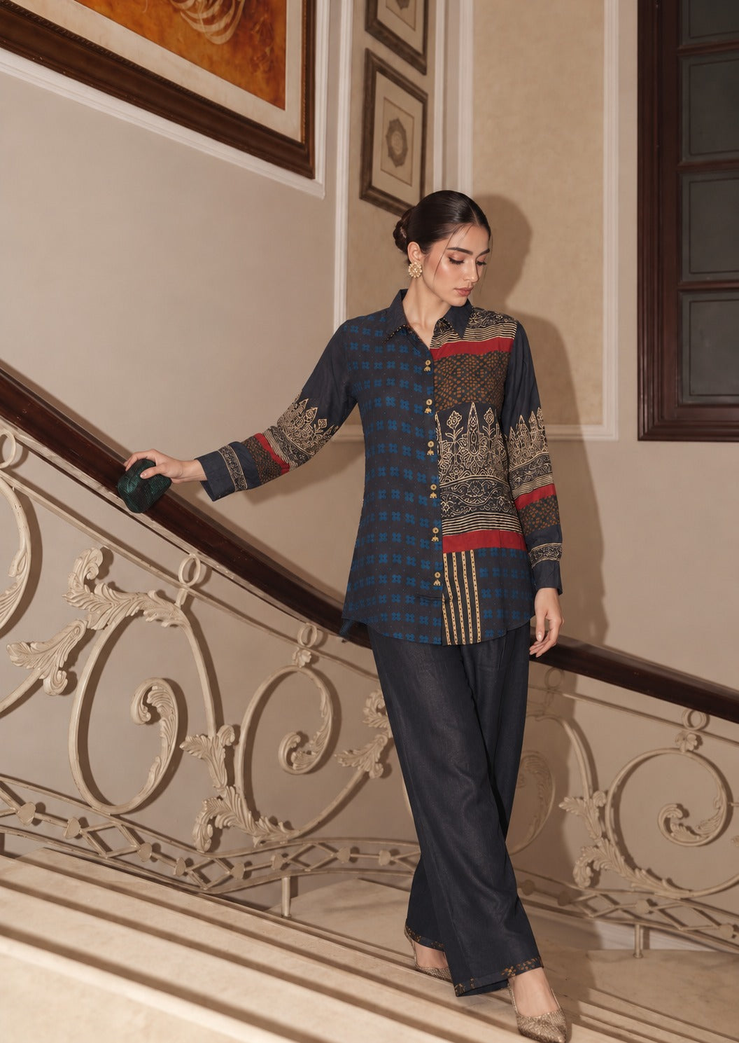 Midnight Navy Printed Crepe Silk Co-Ord Set
