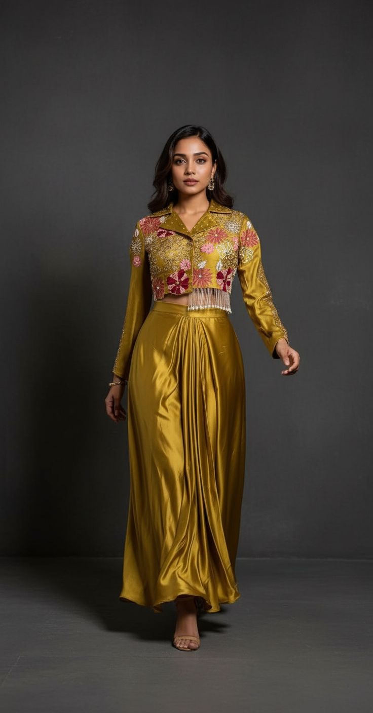 Mustard Yellow Embellished Premium Silk Pleated Skirt Set