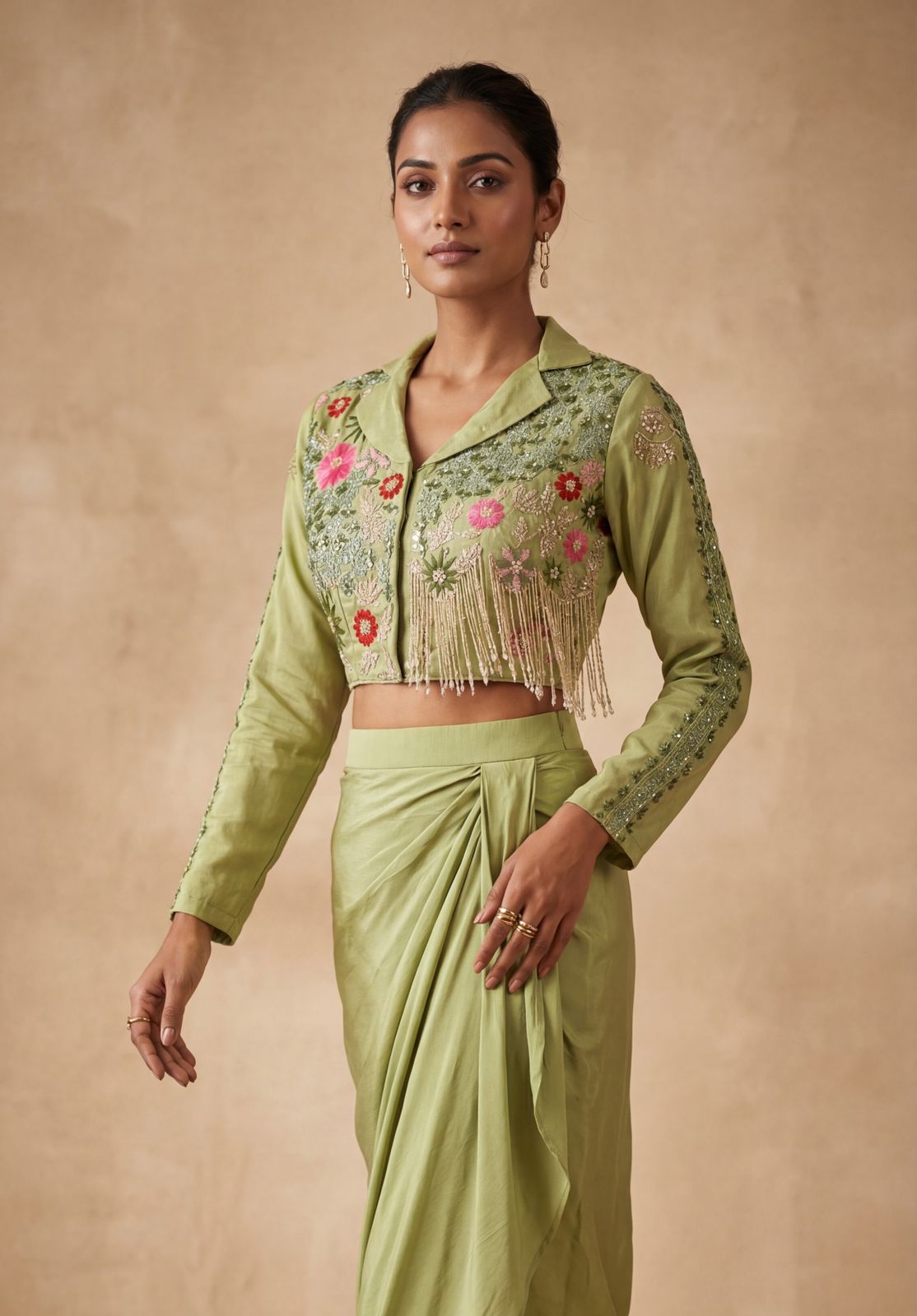 Sage Green Embellished Crepe Silk Skirt Set