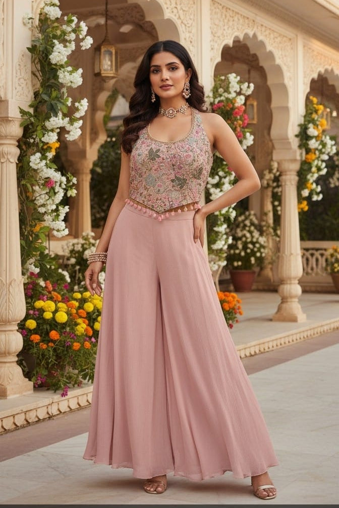 Blush Pink Embellished Georgette Silk Palazzo Set