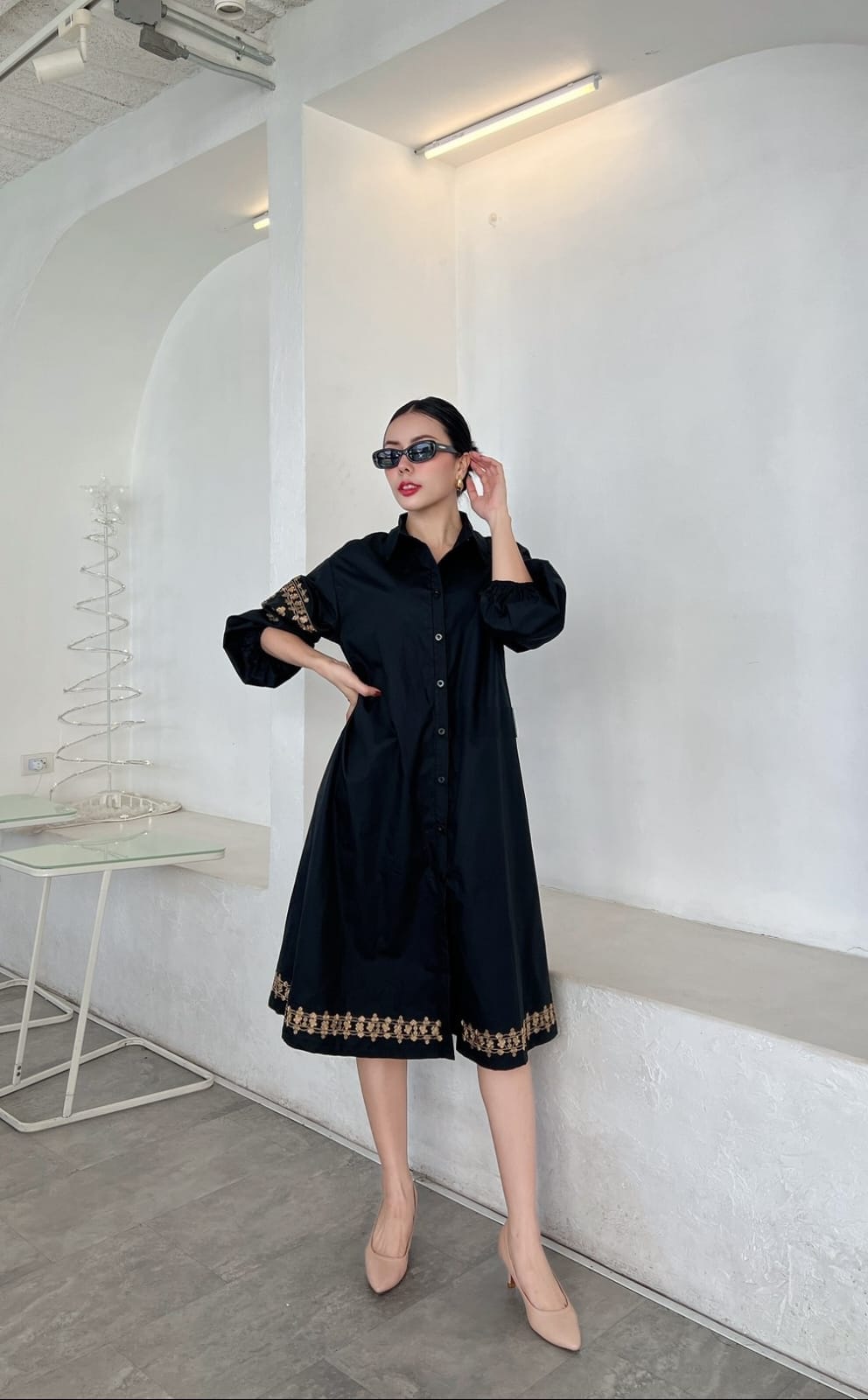 Classic Black Embroidered Cotton Dress