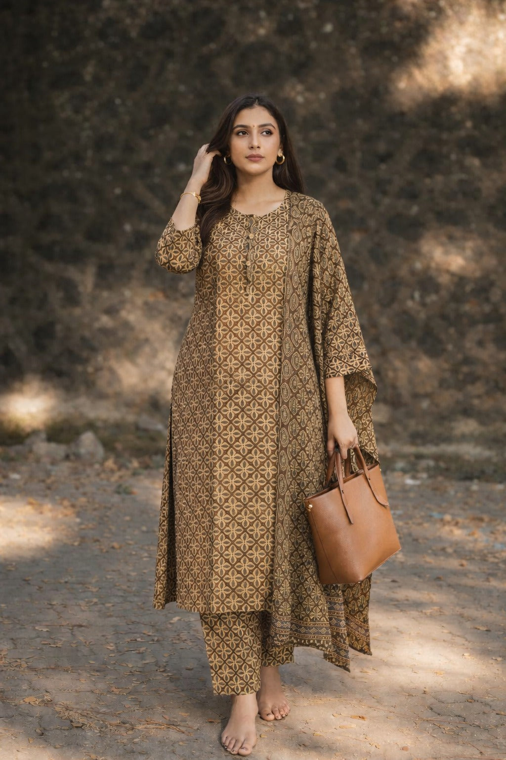 Terracotta & Indigo Geometric Printed Organic Cotton Pant Set