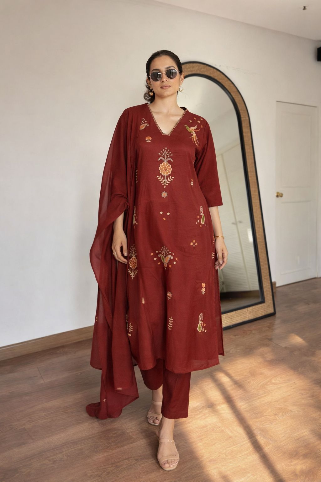 Rich Maroon Embroidered Cotton Pant Set