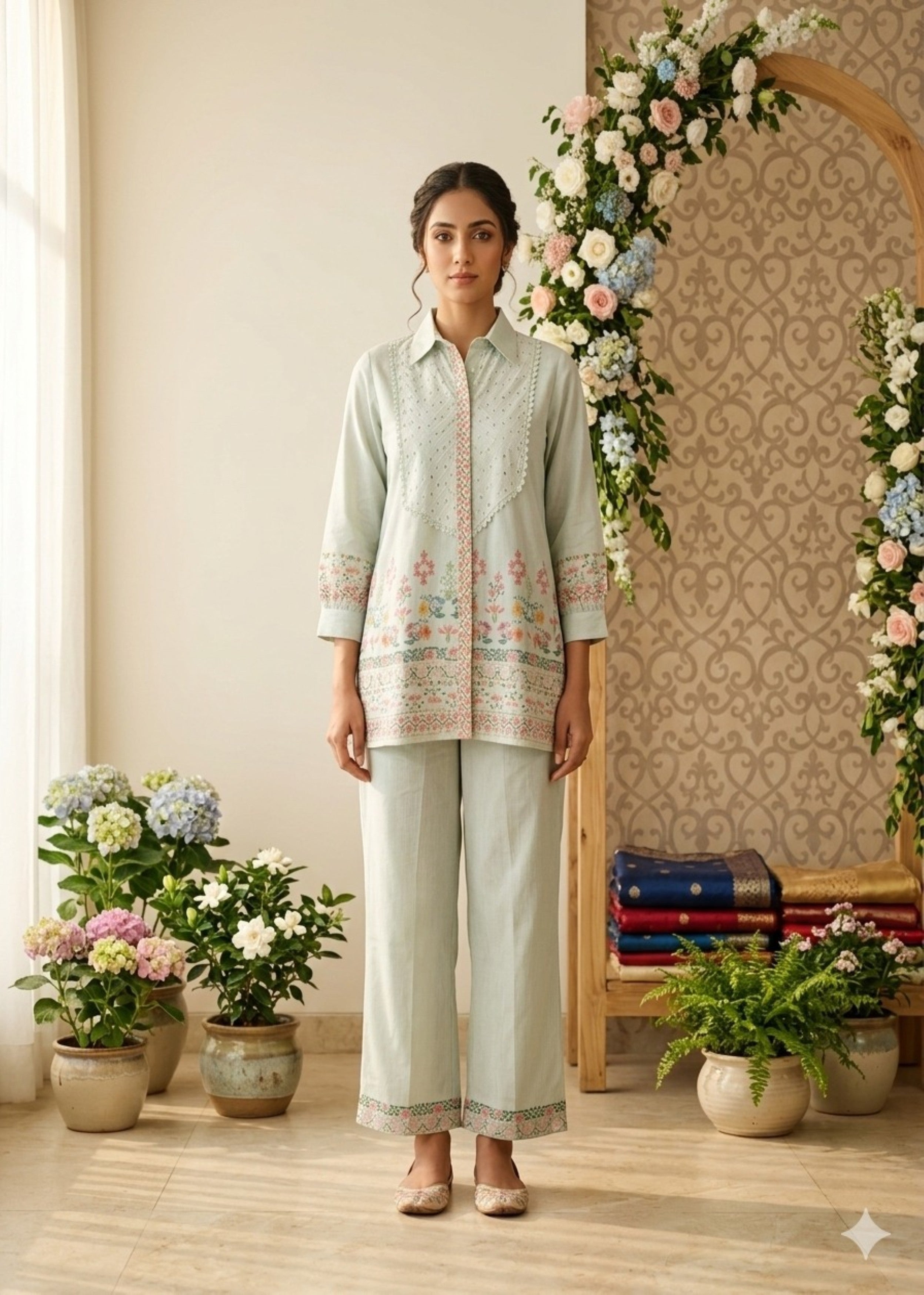 Pastel Mint Embroidered Cotton Co-ord Set