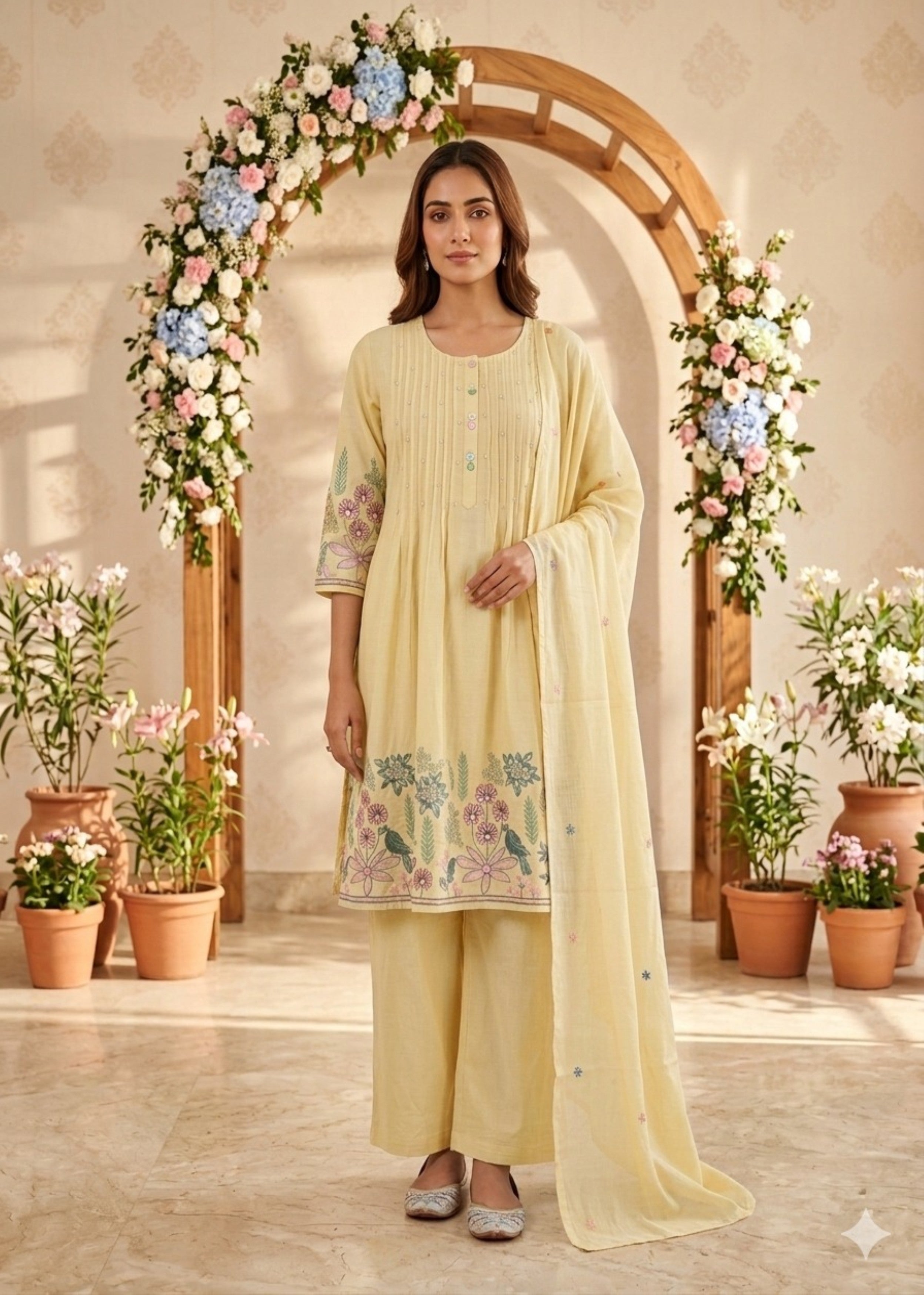 Pastel Yellow Embroidered Cotton Pant Set