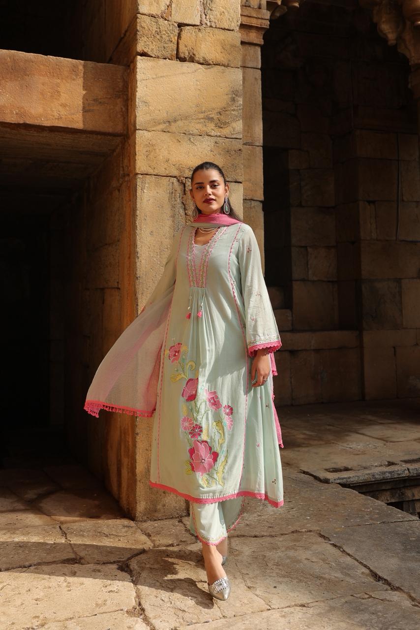 Sky Tulip Embroidered Cotton Anarkali Set