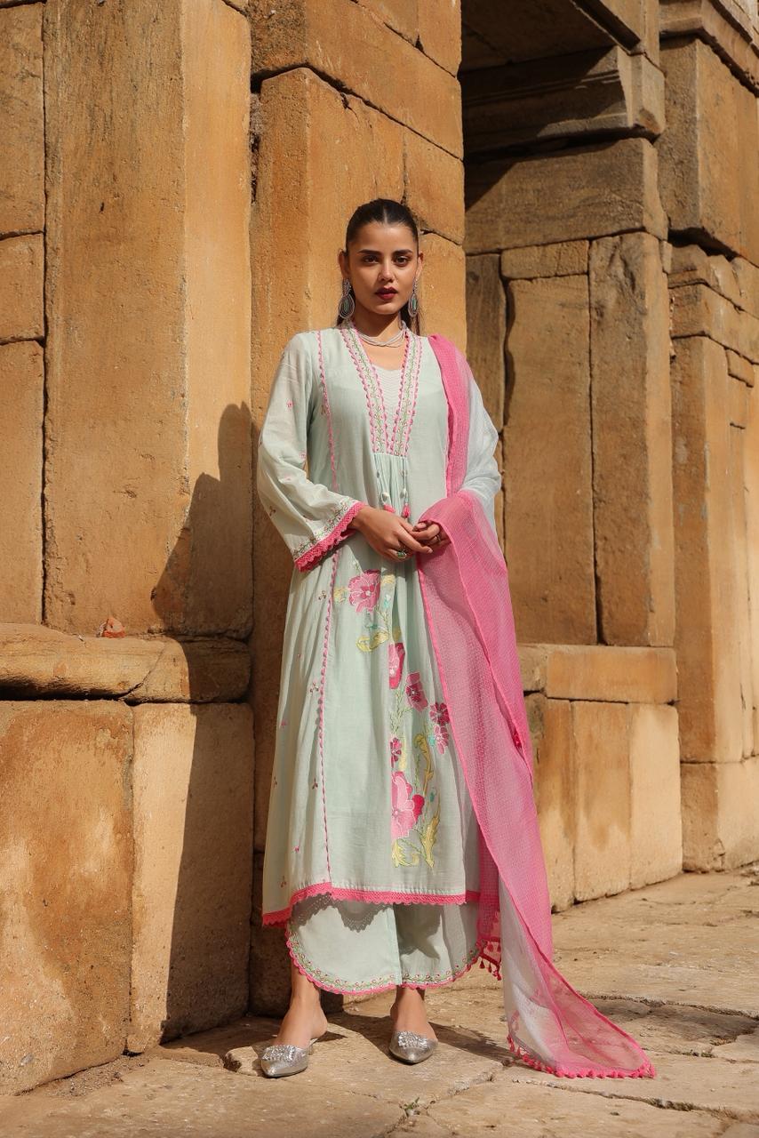 Sky Tulip Embroidered Cotton Anarkali Set