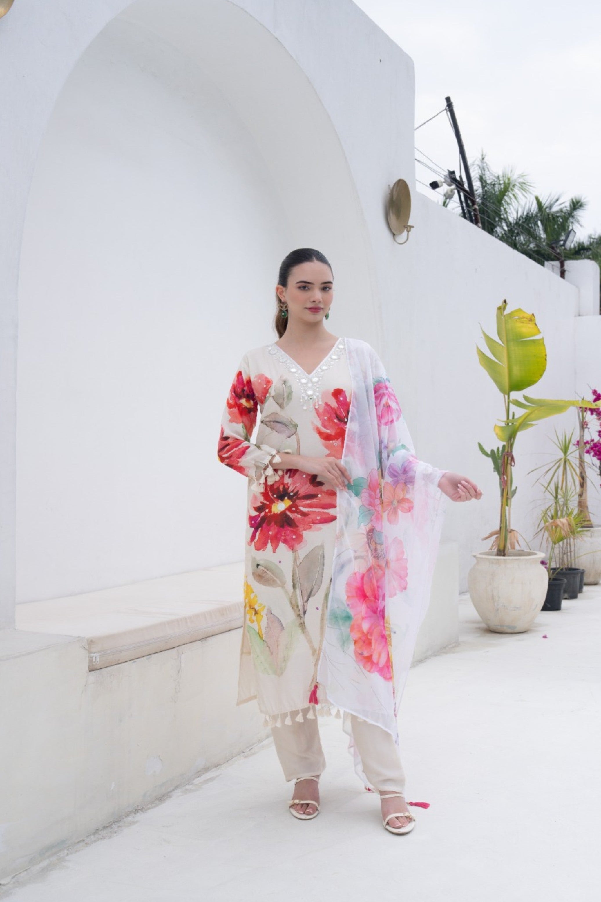 Crimson Flora Printed Crepe Silk Pant Set