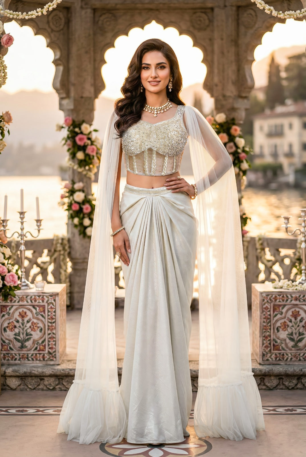Ivory Corset Embellished Shimmer Silk Skirt Set