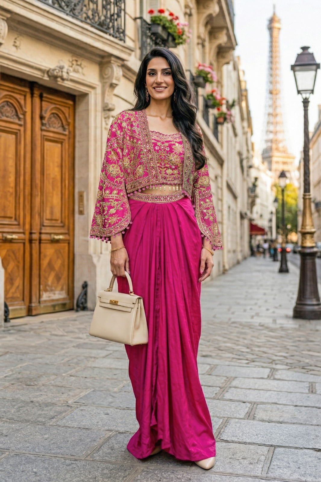 Magenta Pink Embellished Satin Silk Jacket Skirt Set