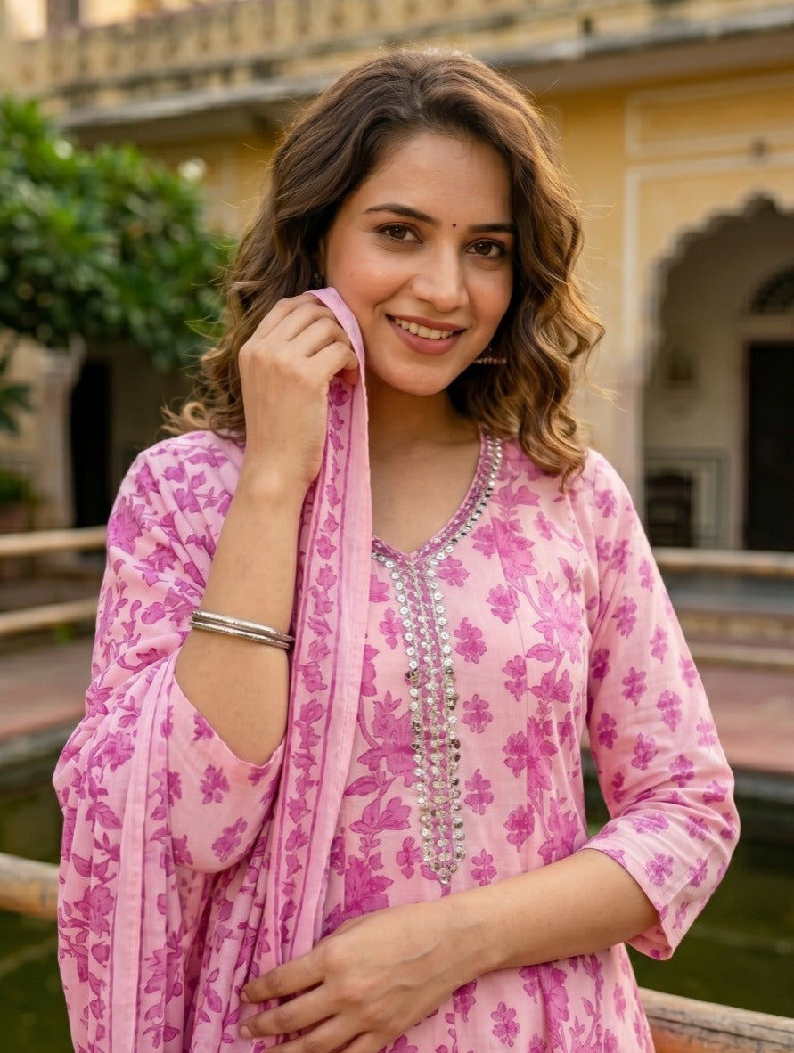 Rose Pink Floral Printed Cotton Pant Set