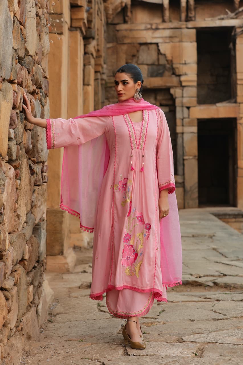 Blush Pink Floral Embroidered Mul Cotton Anarkali Set