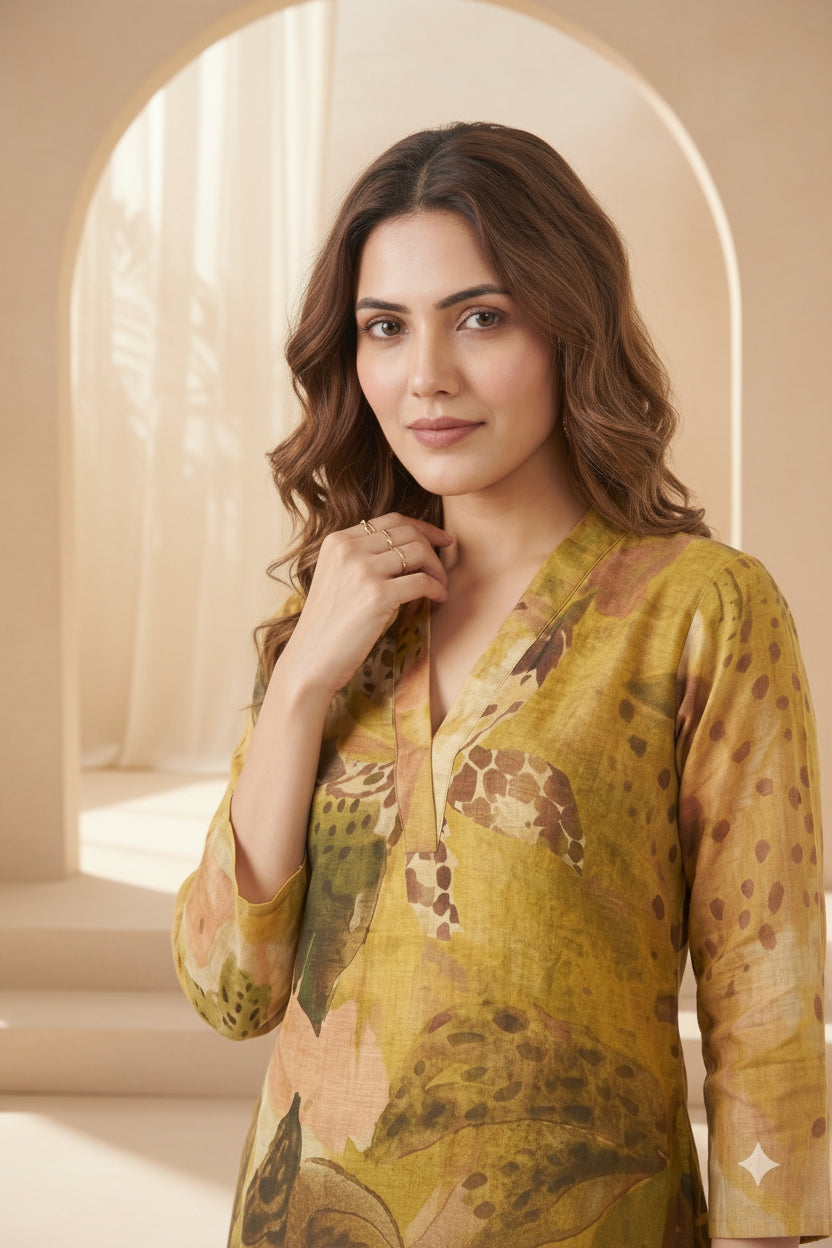Mustard Yellow Printed Raw Silk Kurta Set