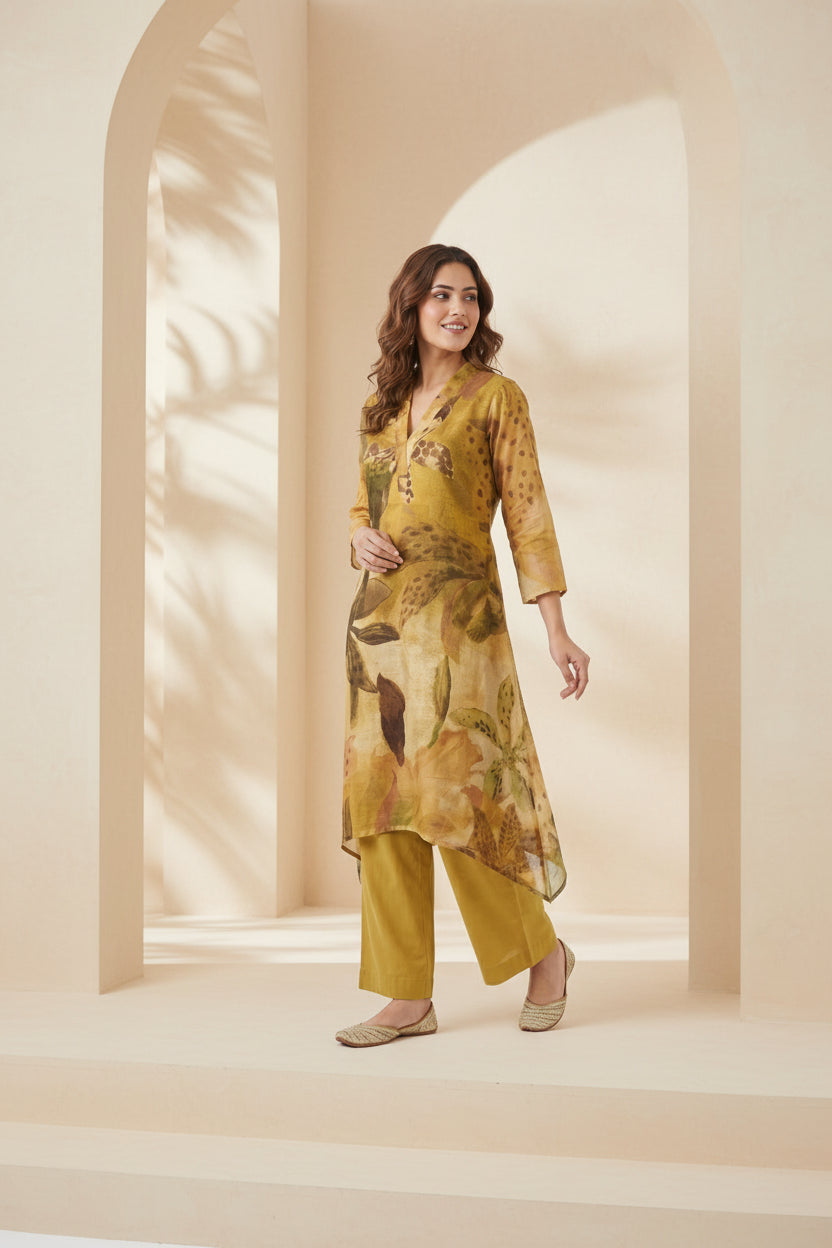 Mustard Yellow Printed Raw Silk Kurta Set