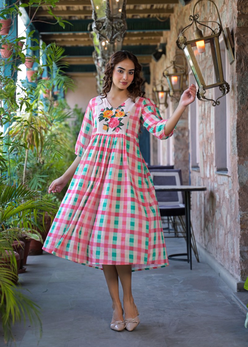 The Strawberry Mint Gingham Floral Cotton Dress