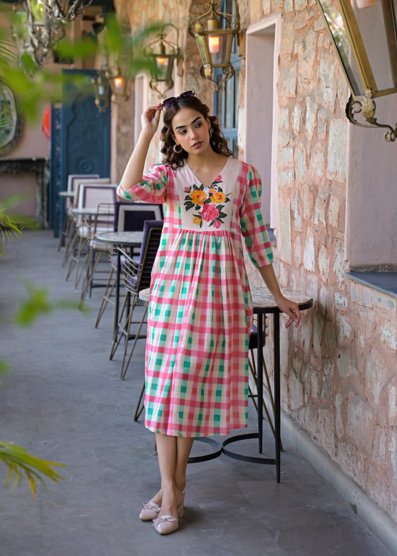 The Strawberry Mint Gingham Floral Cotton Dress