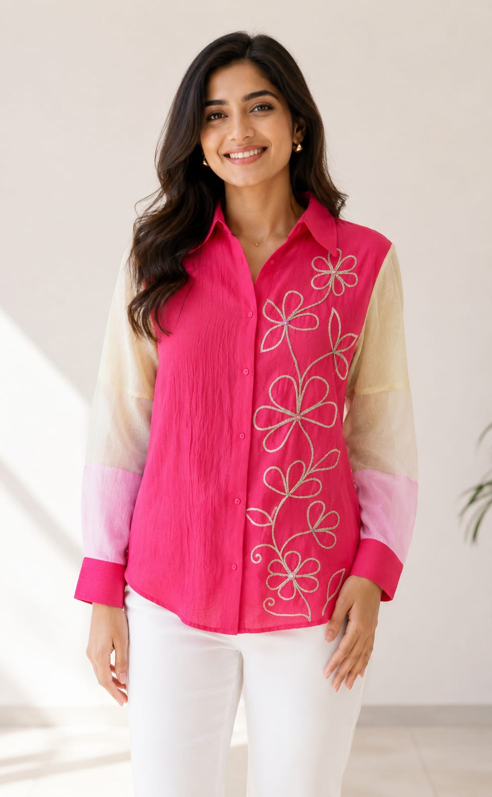 Fuchsia Embellished Mul-Chanderi Silk Shirt