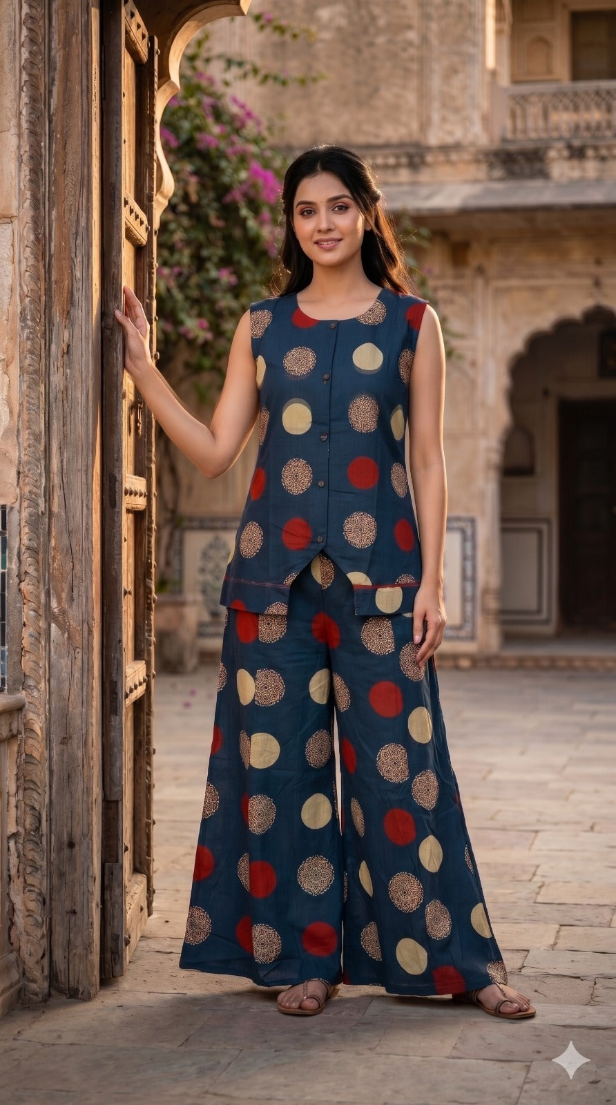 Teal Blue Circular Printed Cotton Co-Ord Set