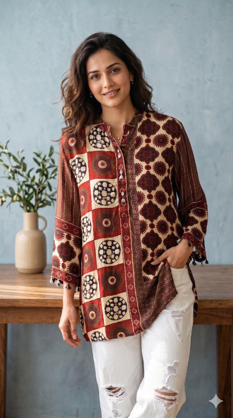 Earthy Crimson Printed Modal Satin Silk Shirt