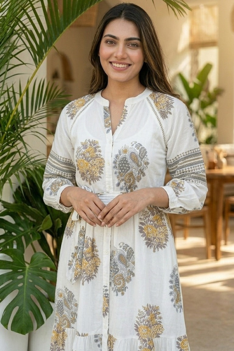 White Printed Cotton Tiered Dress