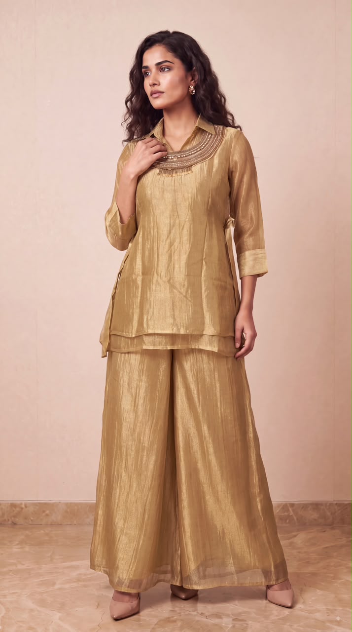Antique Gold Embellished Crushed Tissue Silk Co-Ord Set