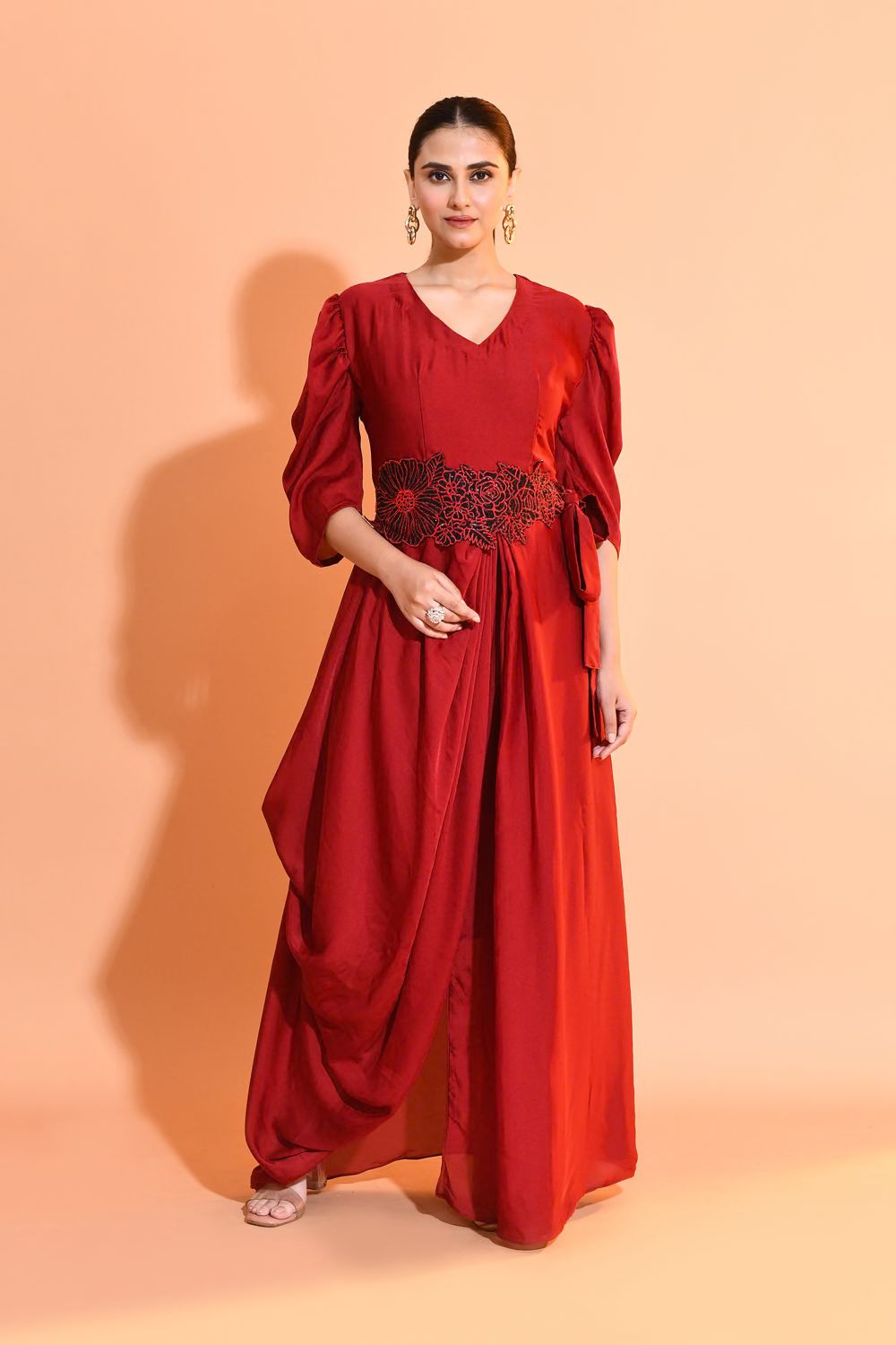 Crimson Embellished Satin Silk Dress