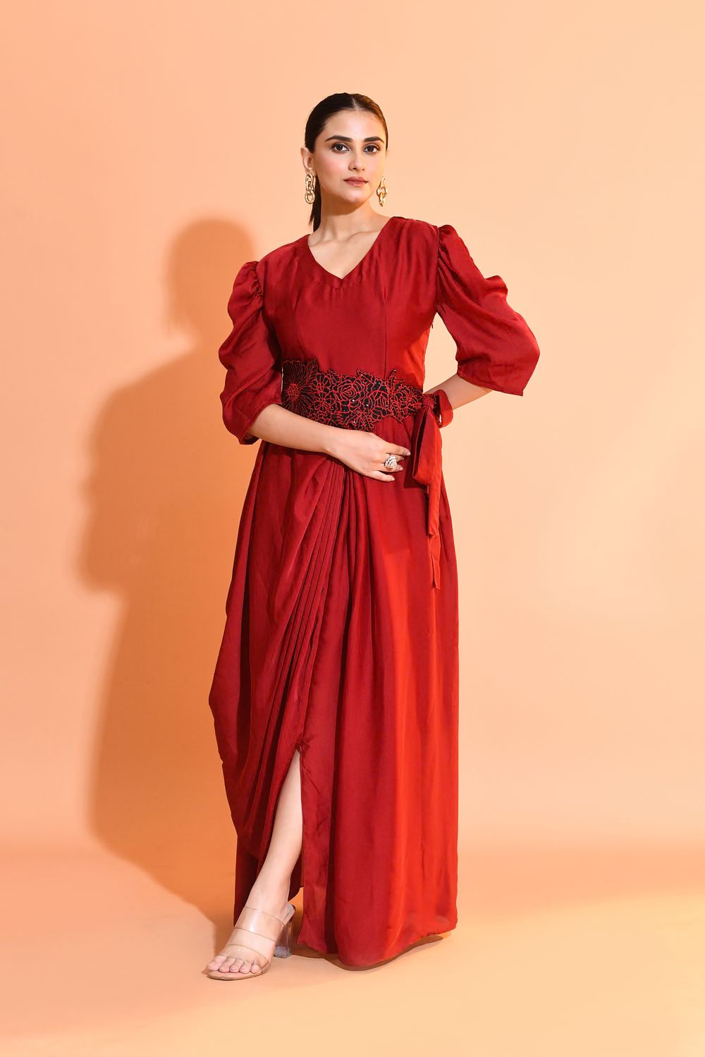 Crimson Embellished Satin Silk Dress