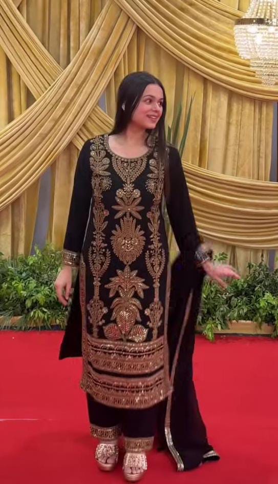 Deep Black Embellished Georgette Silk Pant Set