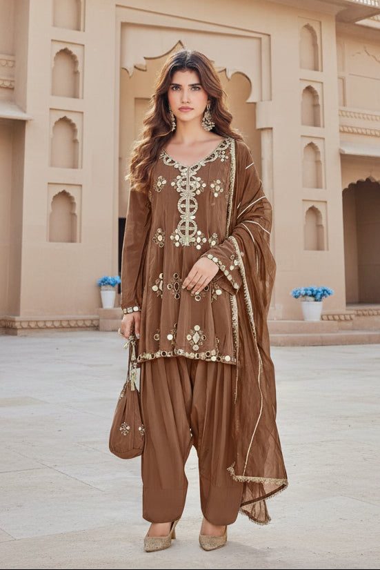 Fawn Brown Embellished Crepe Silk Salwar Set