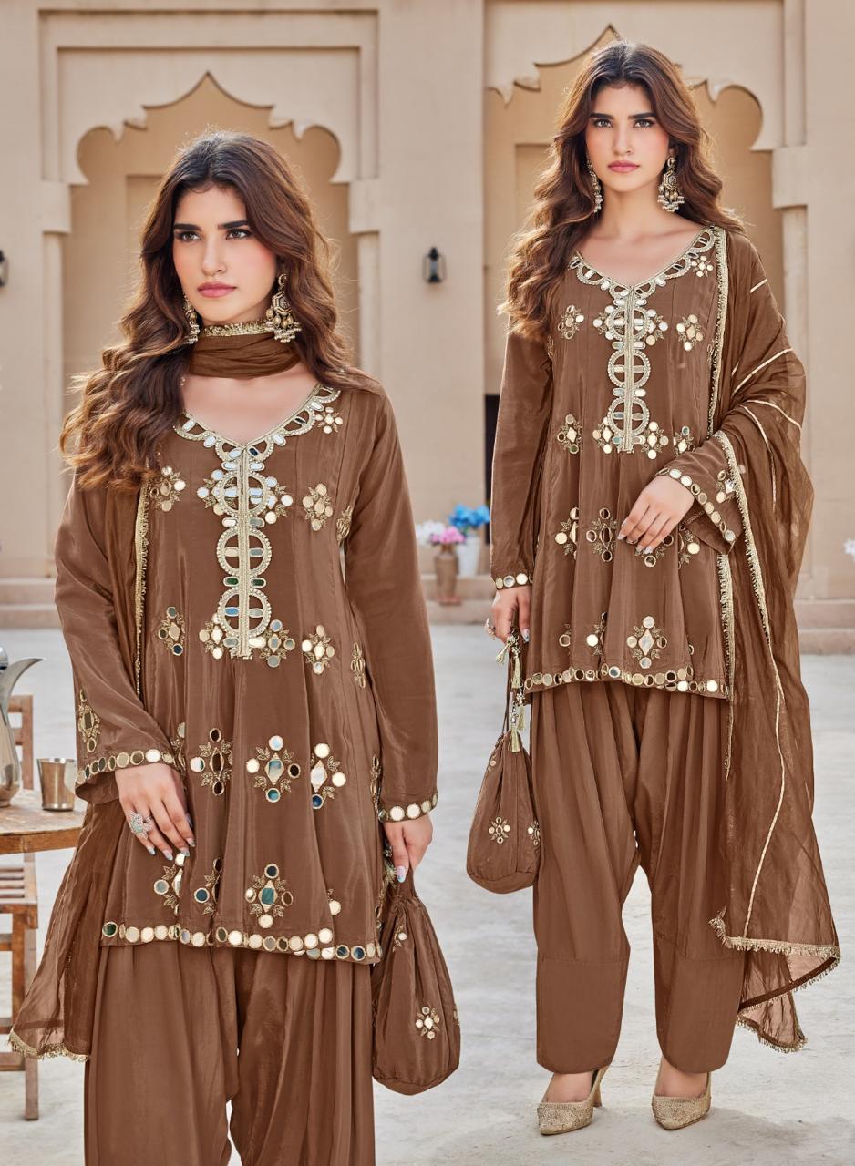 Fawn Brown Embellished Crepe Silk Salwar Set