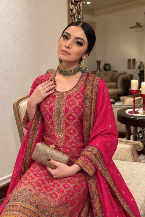 Vibrant Fuchsia Paisley Premium Silk Suit Set