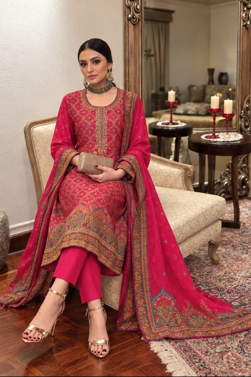 Vibrant Fuchsia Paisley Premium Silk Suit Set
