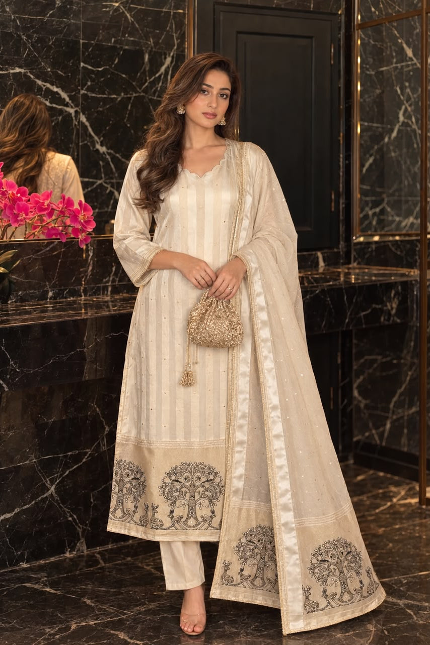 Ivory Cream Embellished Kanjivaram Silk Pant Set