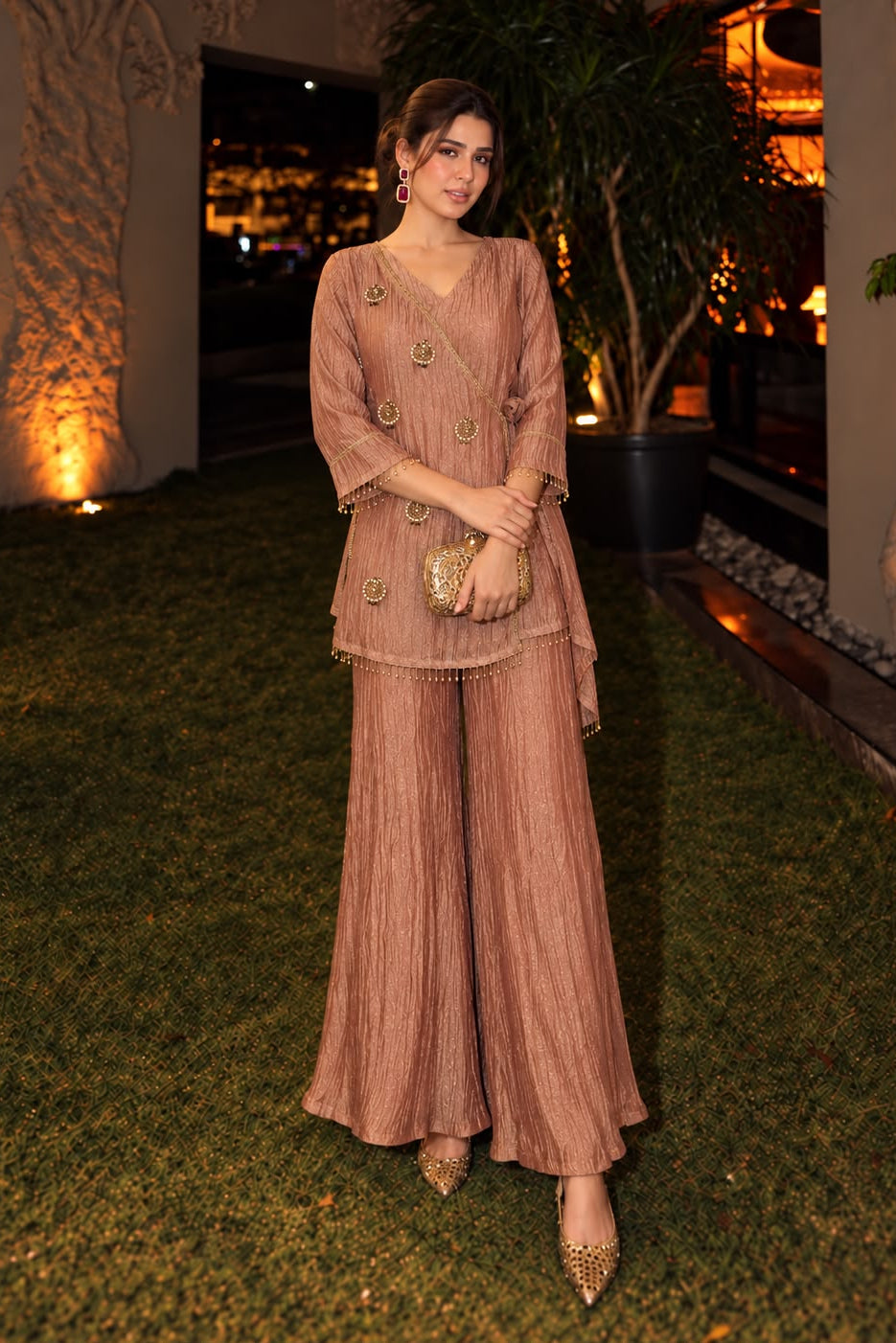 Rose Bronze Embellished Shimmer Silk Co-Ord Set