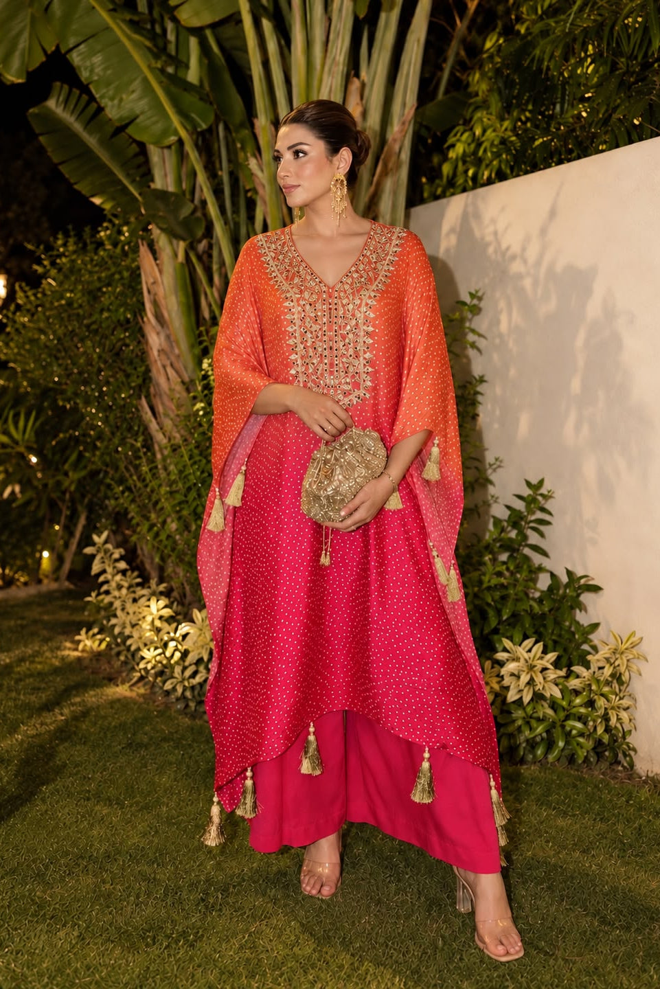 Pink & Orange Ombre Embellished Satin Silk Kaftan Set
