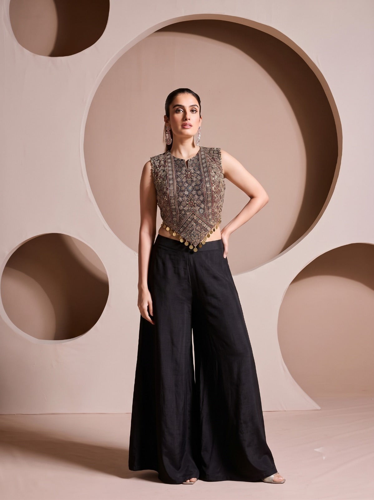Carbon Black Embellished Crepe Silk Palazzo Set