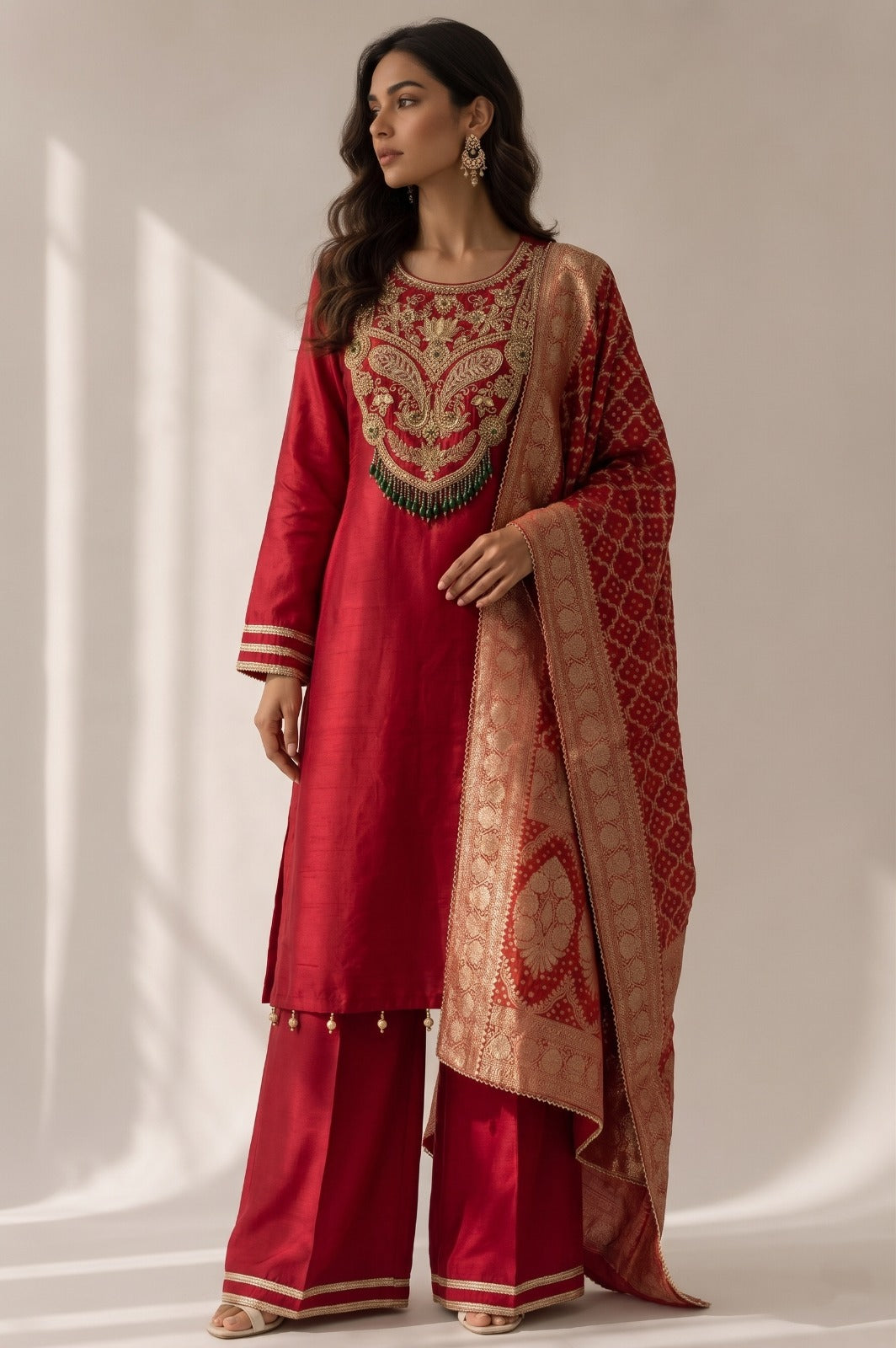 Red Embellished Raw Silk Palazzo Set