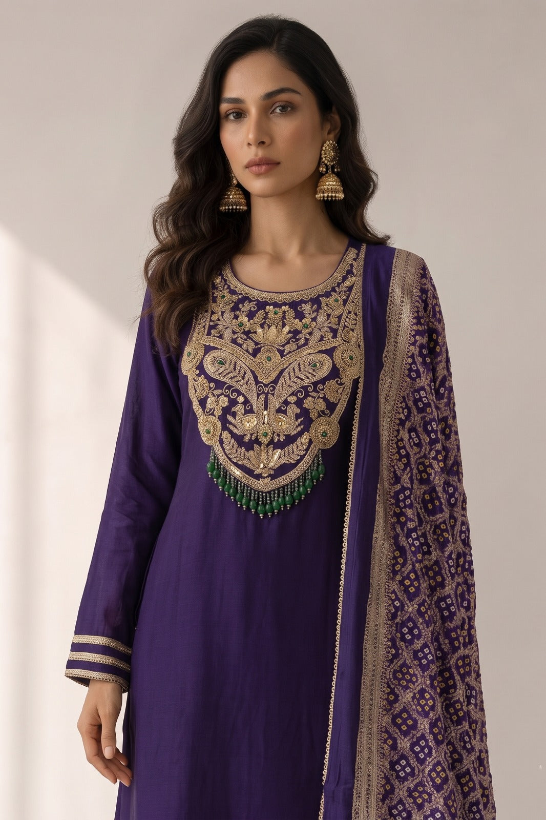 Dark Purple Embellished Raw Silk Palazzo Set